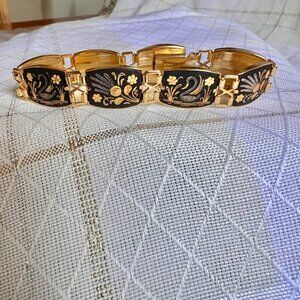 Vintage Damascene 14K Gold Inlay Bracelet, Damascene Vintage Spanish Jewelry